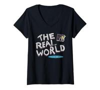 Donna The Real World 1992 Distressed MTV Logo Vintage TV Maglietta con Collo a V