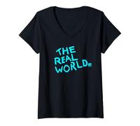 Donna The Real World Light Blue Show Logo Vintage Reality TV Maglietta con Collo a V