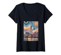 Donna The Shard London Mosaico di notte Art Maglietta con Collo a V