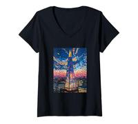 Donna The Shard London Mosaico di notte Art Maglietta con Collo a V