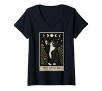 Donna The Smoking Cat Tarocchi Witchy Moon Maglietta con Collo a V