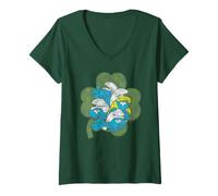 Donna The Smurfs Four Leaf Clover Cast St. Patrick's Day Cartoon Maglietta con Collo a V