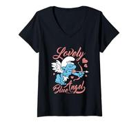 Donna The Smurfs Lovely Blue Angel Maglietta con Collo a V