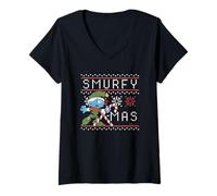 Donna The Smurfs Smurfy Xmas Ugly Sweater Design Maglietta con Collo a V