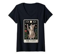 Donna The Tabby Cat Grey Cat Tarocchi Carta Witchy Moon Maglietta con Collo a V