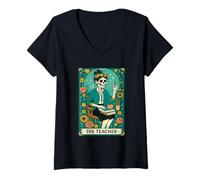 Donna The Teacher Tarot Card Skeleton Vintage Classroom Halloween Maglietta con Collo a V