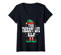 Donna The Therapy Life Elf - Divertente Famiglia Natalizia Abbinata Maglietta con Collo a V
