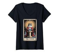 Donna The Tower - Tiragraffi per tarocchi, motivo: gatto mistico Maglietta con Collo a V