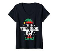 Donna The Virtual Teacher Elf Funny Christmas Matching Family Maglietta con Collo a V