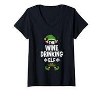 Donna The Wine Drinking Elf Party Family Group Matching X-mas Maglietta con Collo a V