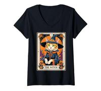 Donna The Witch Kitten - Carta dei tarocchi Vintage, per Halloween Maglietta con Collo a V