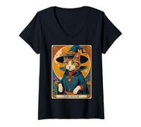 Donna The Witch Kitten - Carta dei tarocchi Vintage, per Halloween Maglietta con Collo a V