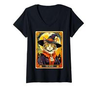 Donna The Witch Kitten - Carta dei tarocchi Vintage, per Halloween Maglietta con Collo a V