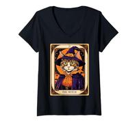 Donna The Witch Kitten - Carta dei tarocchi Vintage, per Halloween Maglietta con Collo a V