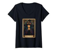 Donna The Witch Tarocchi Carta Halloween Gatto Gatto Donna Gotica Witchy Vibes Maglietta con Collo a V