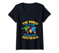 Donna The World Is A Cat Playing with Australia Maglietta con Collo a V