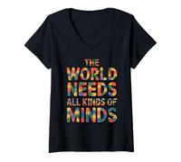 Donna The World Needs all Kinds of Minds Puzzle Autism Awareness Maglietta con Collo a V