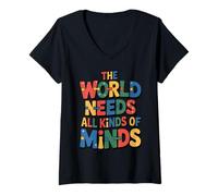 Donna The World Needs all Kinds of Minds Teacher Autism Awareness Maglietta con Collo a V