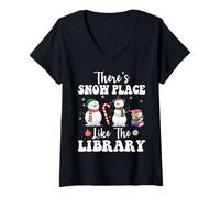 Donna Theres Snow Place Like The Library Divertente Bibliotecario Natale Maglietta con Collo a V