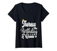 Donna Theresa The Birthday Queen, Maglietta da Donna con Scritta Happy Birthday Maglietta con Collo a V
