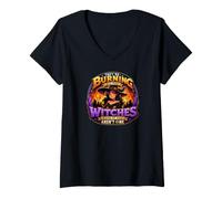 Donna They Are Burning all The Witches Gothic Halloween Donna Maglietta con Collo a V
