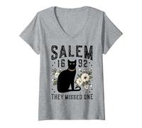 Donna They Missed One 1692 Salem Witch Trials Gatto Nero Fiore di Campo Maglietta con Collo a V