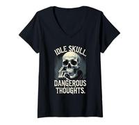 Donna Thinking Skull Shirt - Sarcastic Dark Humor Anxiety Tee Maglietta con Collo a V