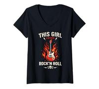Donna This Girl Loves Rock'N Roll Guitar Band Maglietta con Collo a V