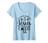 Donna This Girl Runs On Jesus And Coffee Maglietta con Collo a V