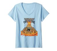 Donna This Is Fine, Divertente Meme sull'ukulele Volcano Coffee Shack Maglietta con Collo a V