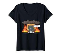Donna This is Fine Meme Divertente Carino Kawaii Cat Room On Fire Maglietta con Collo a V