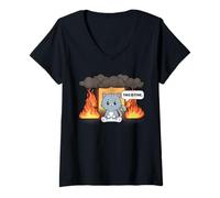Donna This is Fine Meme Divertente Carino Kawaii Cat Room On Fire Maglietta con Collo a V