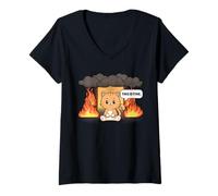Donna This is Fine Meme Divertente Carino Kawaii Cat Room On Fire Maglietta con Collo a V