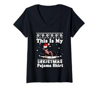 Donna This Is My Christmas Pajama Dobermann Dog Funny Xmas Maglietta con Collo a V