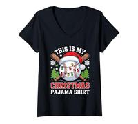 Donna This Is My Christmas Pigiama Shirt Baseball Babbo Natale Uomo Ragazzo Maglietta con Collo a V