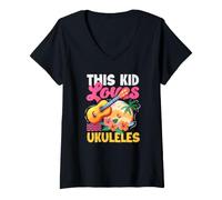 Donna This Kid Loves Ukulele Tropical Beach Sunset Music Ukulele Maglietta con Collo a V