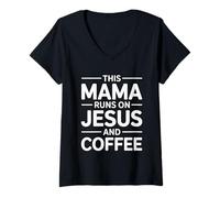 Donna This Mama Runs On Jesus And Coffee Maglietta con Collo a V