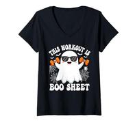 Donna This Workout Is Boo Foglio Divertente Fantasma Halloween Maglietta con Collo a V