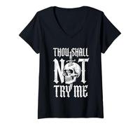 Donna Thou Shall Not Try Me - Funny Saying Sarcastic Skull novità Maglietta con Collo a V