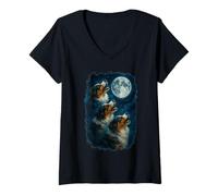 Donna Three Australian Shepherd Howling At The Moon 3 Aussie Moon Maglietta con Collo a V
