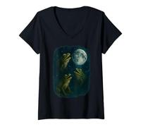 Donna Three Frogs Howling At The Moon 3 Frog Moon Maglietta con Collo a V