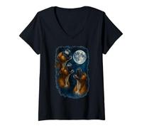 Donna Three German Boxer Howling At The Moon 3 Boxer Moon Maglietta con Collo a V