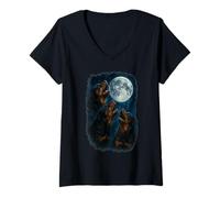 Donna Three Rottweiler Howling At The Moon 3 Rottie Moon Maglietta con Collo a V