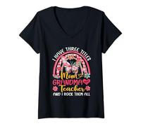 Donna Three Titles Mom Nonna And Teacher Floreale Butterfly Maglietta con Collo a V