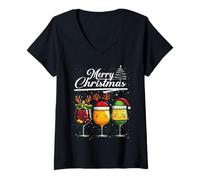 Donna Three Wine Glasses Merry Christmas Reindeer Santa Elf Xmas Maglietta con Collo a V