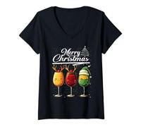 Donna Three Wine Glasses Merry Christmas Reindeer Santa Elf Xmas Maglietta con Collo a V