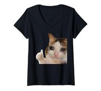 Donna Thumbs Up Crying Cat Pollice Alto Gatto Che Piange Maglietta con Collo a V