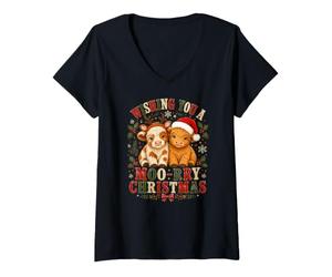 Donna Ti auguro Un Felice Natale. Simpatiche Mucche Soffici delle Maglietta con Collo a V