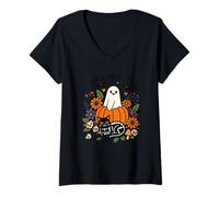 Donna Ti Ho Fatto Un Incantesimo Ghost Pumpkin Cat Maglietta con Collo a V