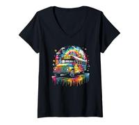 Donna Tie Dye School Bus Art Psychedelic Retro Colors Futuristic Maglietta con Collo a V